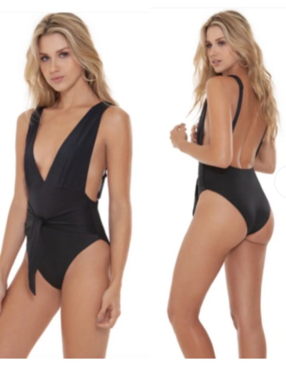 Agua Bendita Florentina Plunge Neck Waist Tie Night Black One Piece Swimsuit M